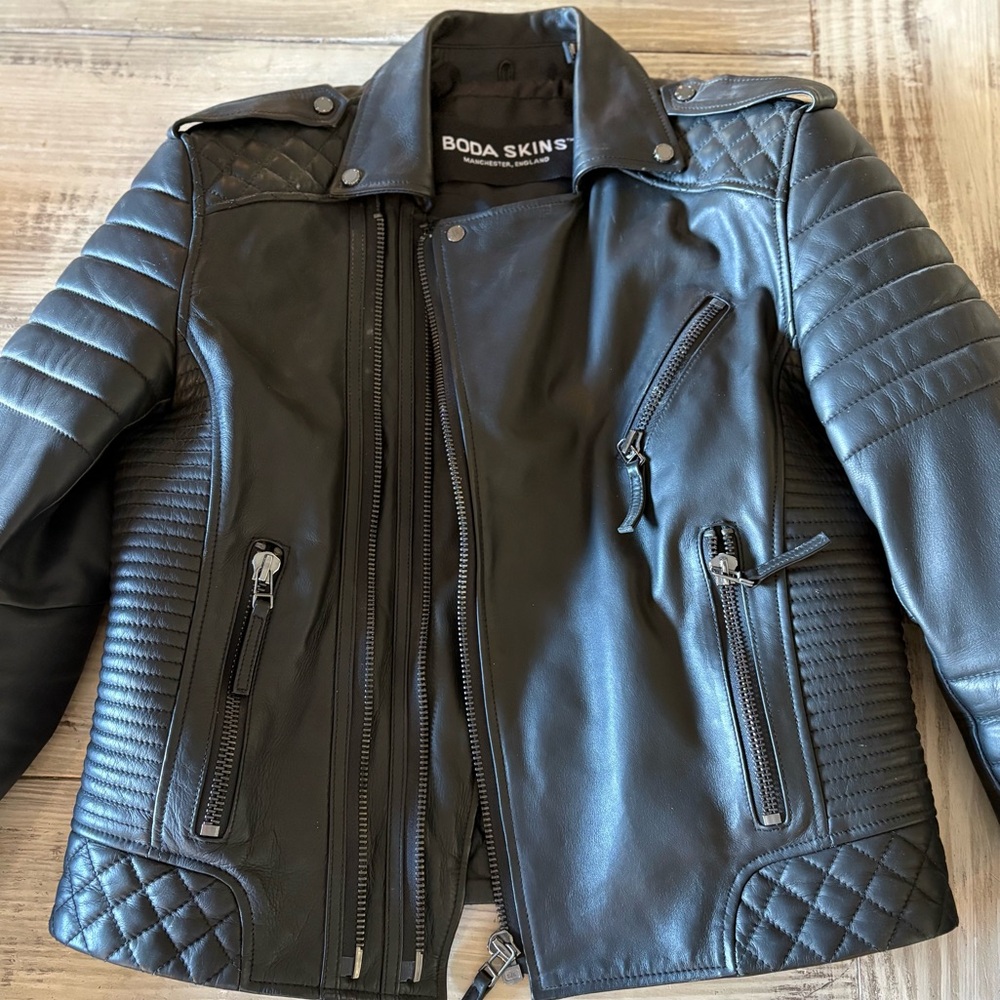 BODA SKINS Black Leather Moto Jacket Quilted Biker Lambskin Moto Jacket